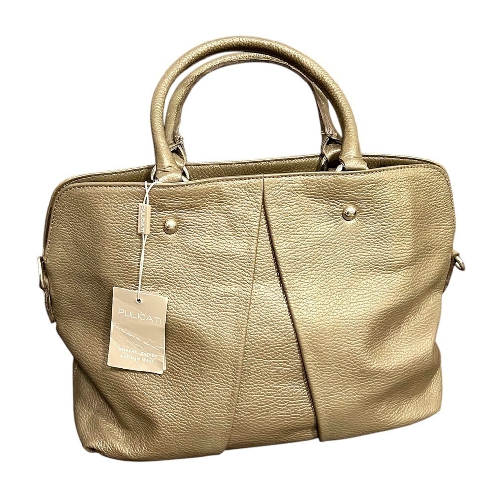 PULICATI Italian Leather Hand Bag Crossbody Champagne Gold & Black NWT